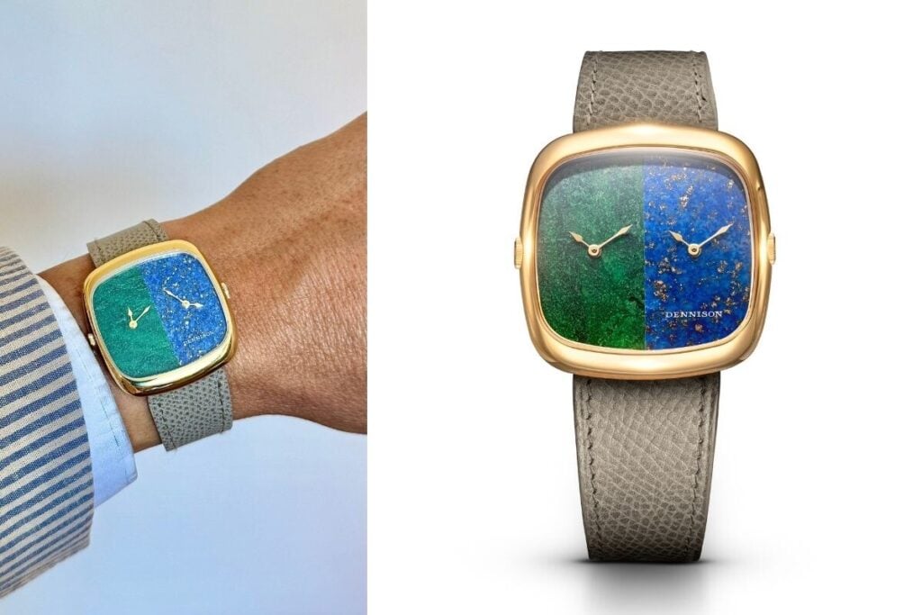 Relógio Dennison com mostrador bicolor em verde e azul, visto de frente e num pulso; Contraste: Dual Time Bloodstone & Lapis em caixa dourada | Fotos: Miguel Seabra/Espiral do Tempo e Dennison