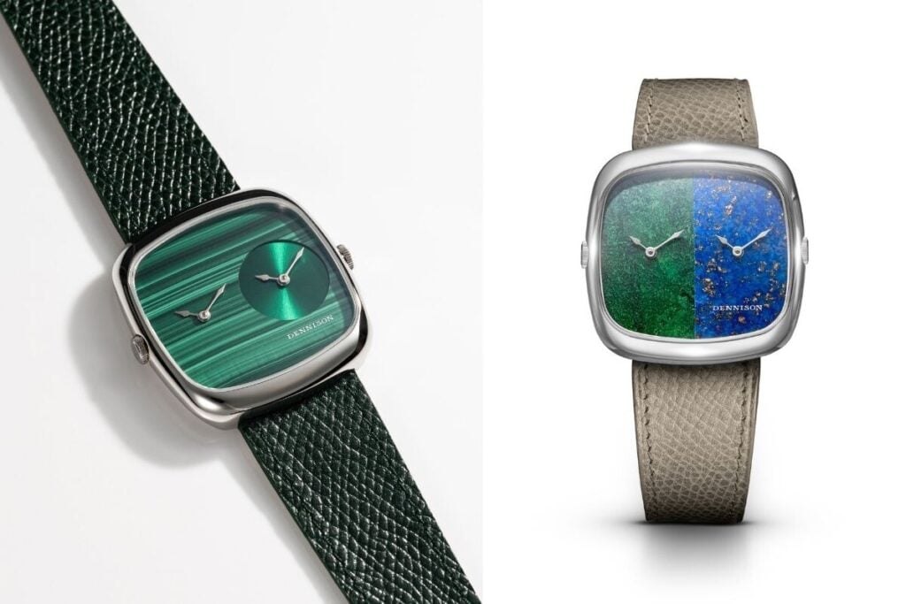 Relógios Dennison com mostradores em verde e em verde-azul, design artístico exclusivo Mais duas versõesALD Dual Time: Malachite & Green Sunray e Bloodstone & Lapis em aço | Fotos: Dennison