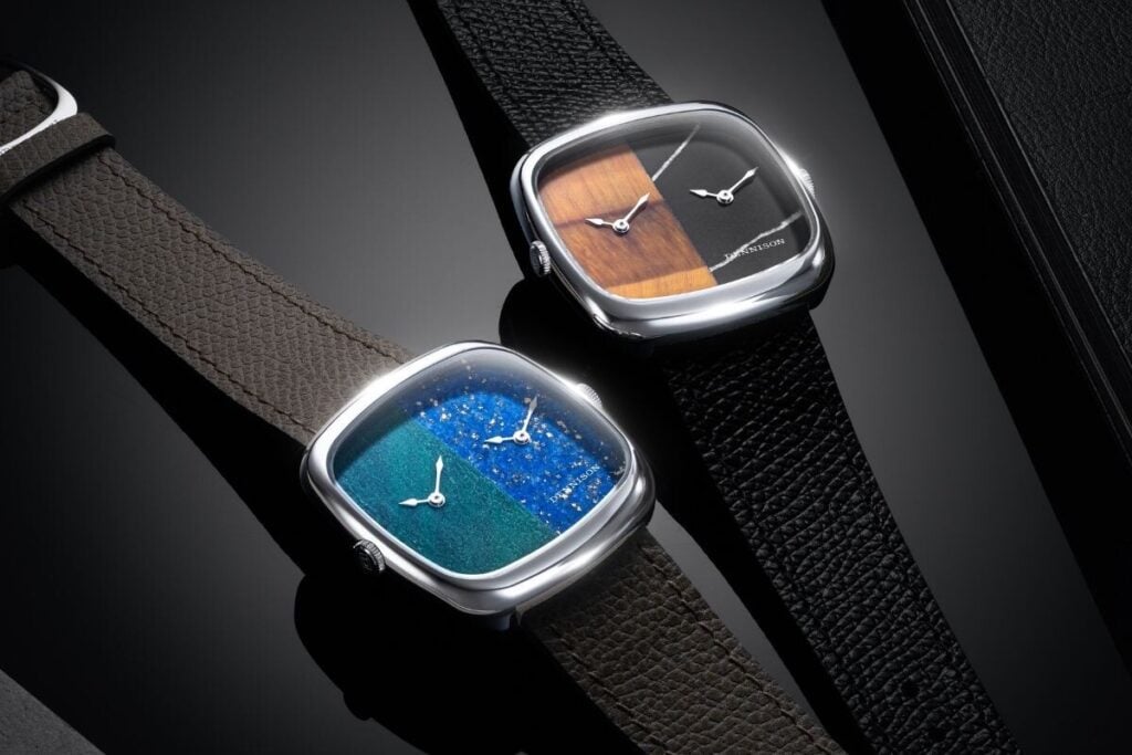 Dois relógios Dennison com mostradores bicolores; Dois novos ALD Dual Time: Bloodstone & Lapis e Tiger Eye & Marble em aço | Foto: Dennison