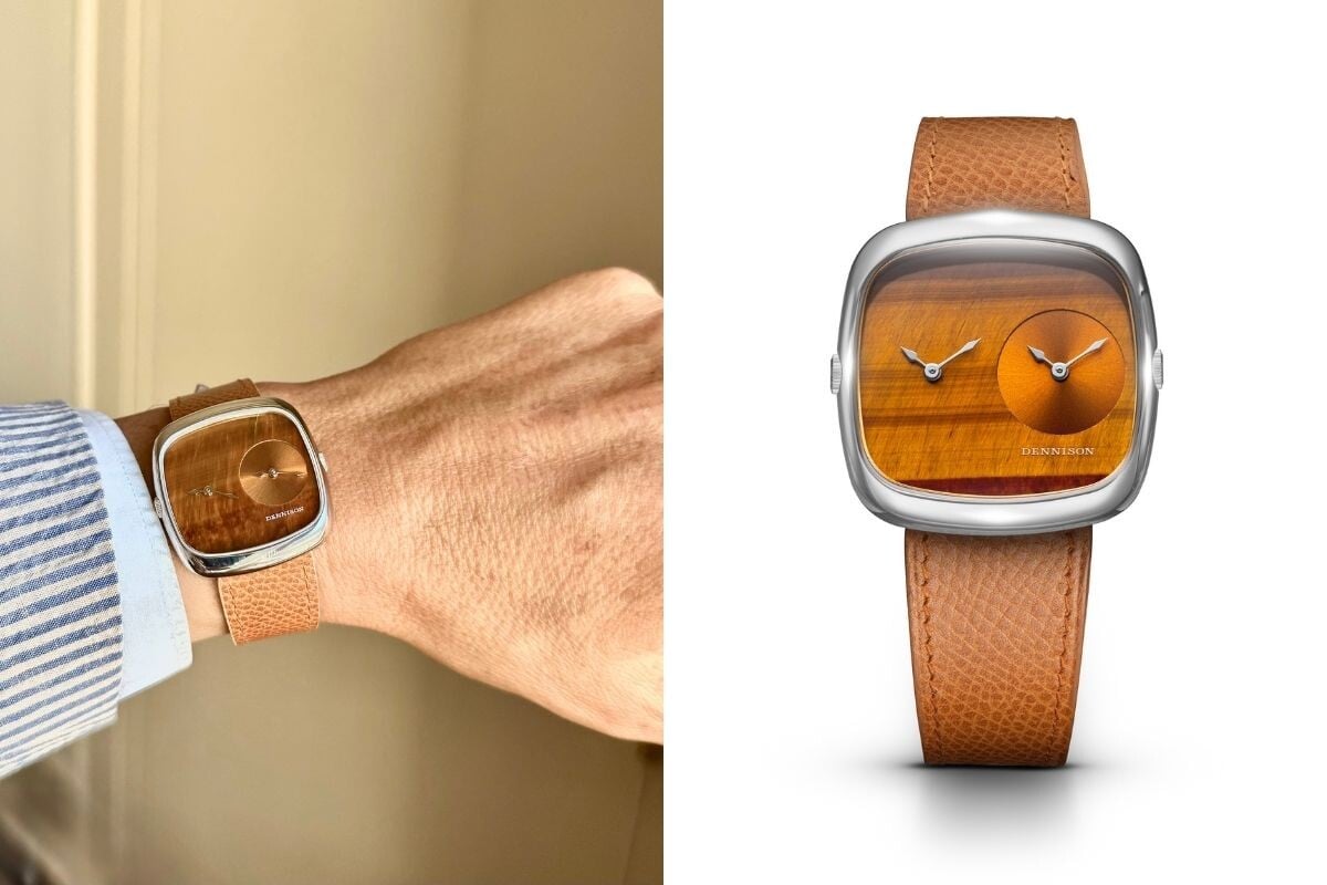 Relógios Dennison com mostrador em madeira e correias castanhas em pele; No pulso: o bonito Tiger Eye & Gold Sunray | Fotos: Miguel Seabra/Espiral do Tempo e Dennison