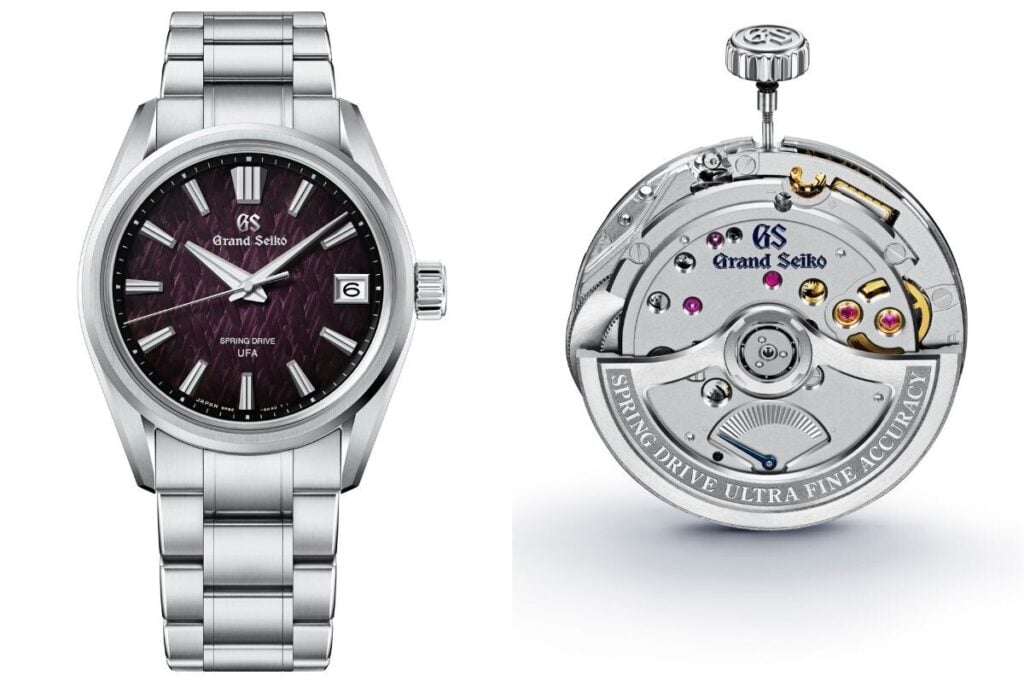 O relógio Grand Seiko Evolution 9 Collection Spring Drive UFA Limited Edition SLGB005 com mecanismo Spring Drive ao lado