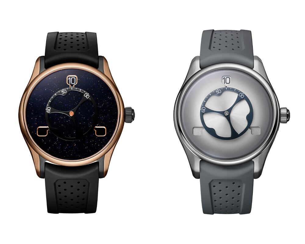 Dois relógios H. Moser & Cie. Pioneer Flying Hours, um com mostrador em aventurina azul e caixa em ouro rosa, outro com mostrador cinzento fumé e caixa em aço.