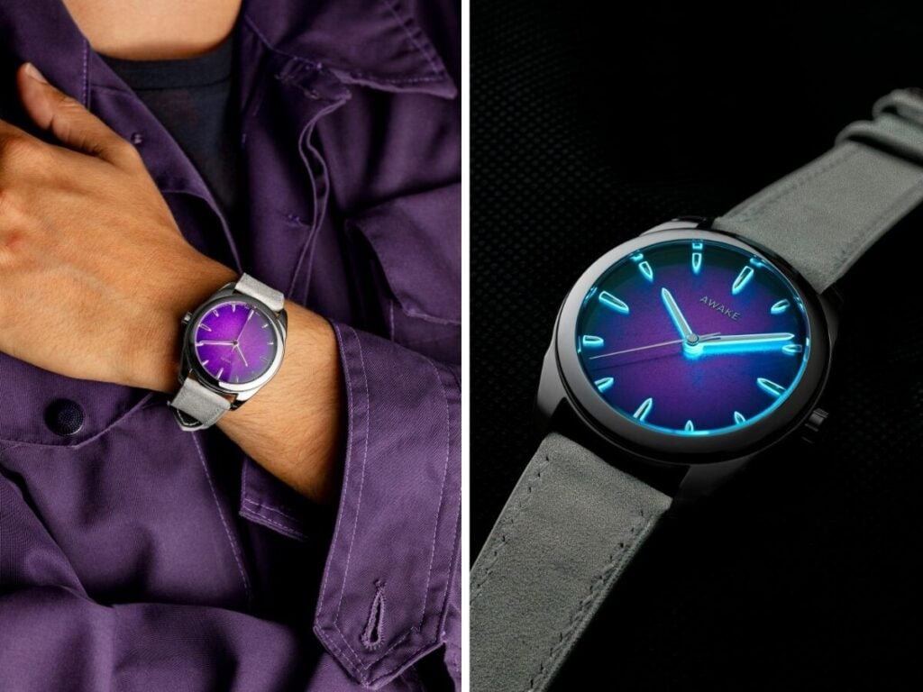 O relógio Sơn Mài - Silver Leaf « Ultra Violet » com luminescência e num pulso