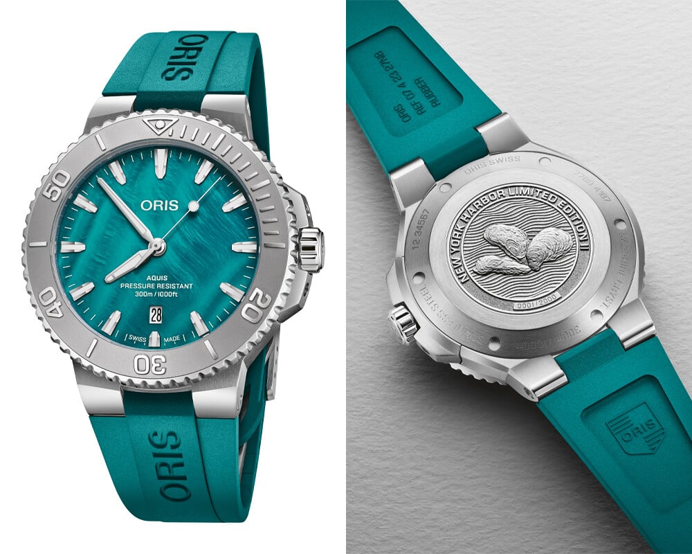 Relógio de mergulho Oris Aquis edição limitada, visto de frente e de verso. Mostrador verde-água em madrepérola e fundo da caixa gravado com motivo de ostras e inscrição “New York Harbor Limited Edition”.