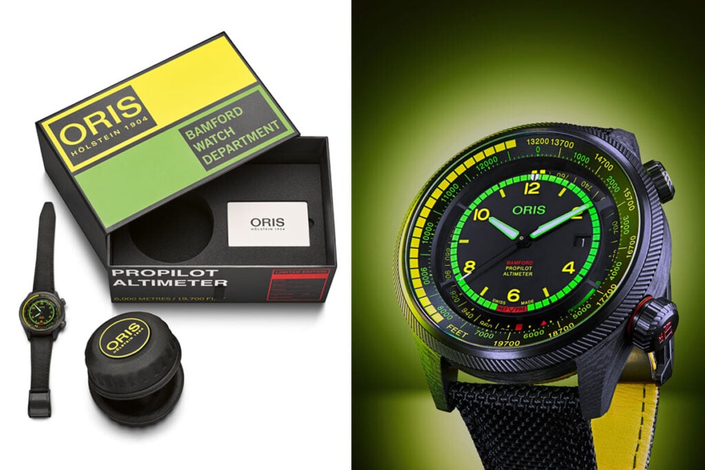 O relógio Oris X BWD Limited Edition - o estojo e o relógio com mostrador em destaque
 Oris x Bamford Watch Department Mission Control Limited Edition