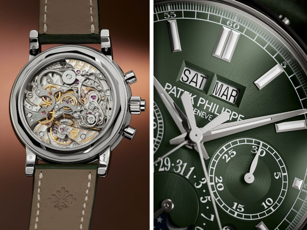 Patek-Philippe Ref.5204G-001: fundo e close up do mostrador verde, com destaque das janelas do dia da semana e do mês.
