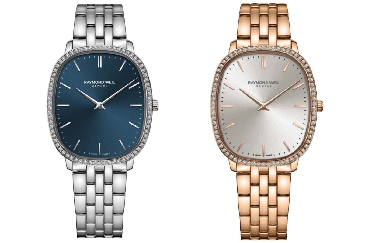 dois relógios Toccata Heritage da Raymond Weil, um azul em aço e outro dourado, ambos com diamantes