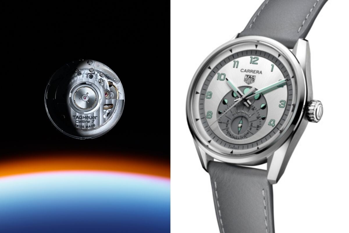 Movimento TAG Heuer Calibre 7 flutuando no espaço ao lado do relógio Carrera Astronomer com mostrador cinza e pulseira de couro cinza.