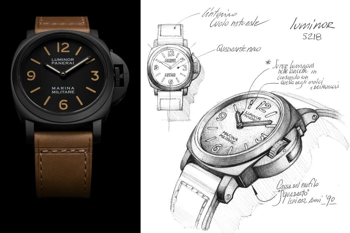 Relógio Panerai Luminor Marina Militare com bracelete em couro castanho ao lado de esboço técnico em lápis.