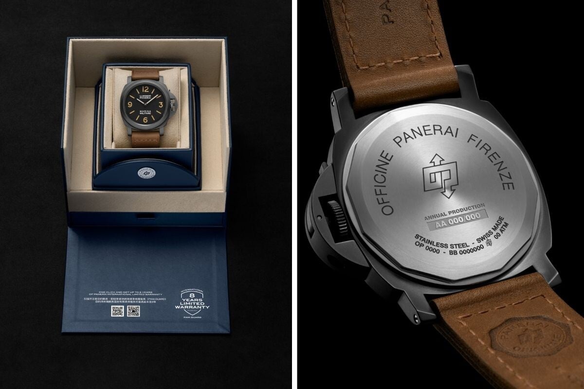 Relógio Panerai Luminor Marina Militare na caixa de apresentação e detalhe do verso gravado da caixa em aço.