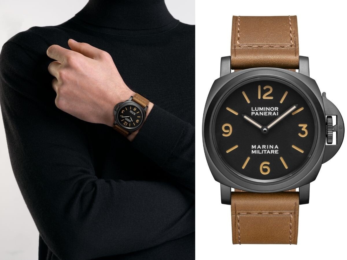 Relógio Panerai Luminor Marina Militare em couro castanho no pulso de uma pessoa com sweater preto e em close-up do mostrador.