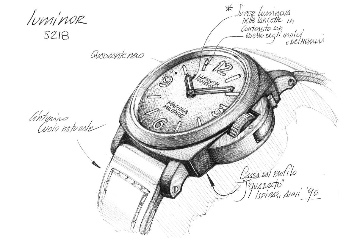 Esboço técnico em lápis do relógio Panerai Luminor 5218 com mostrador preto e detalhes de design