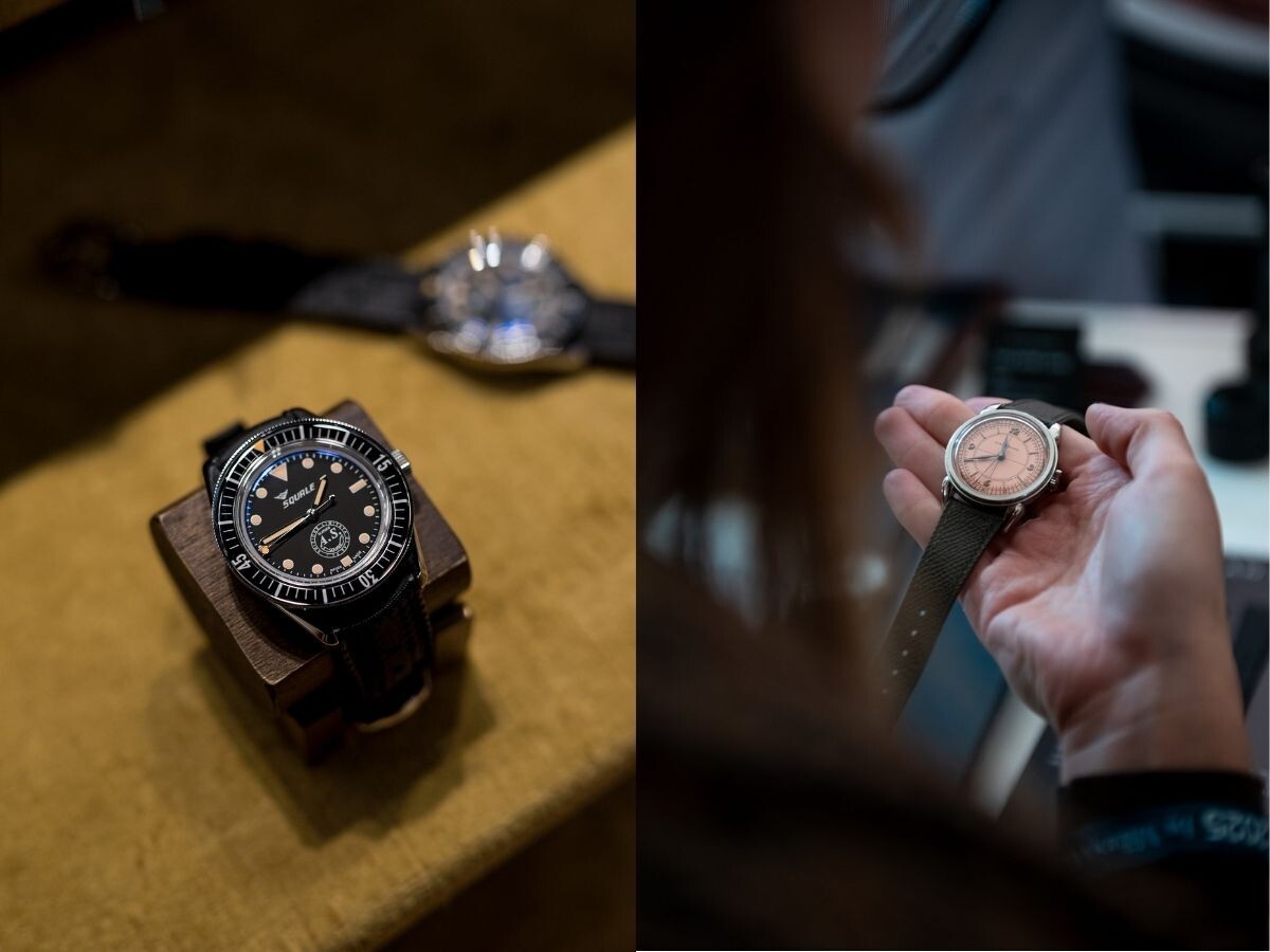relógios em exposição e na mão Squale e Furlan Marri no After Time by Milano Watch Week