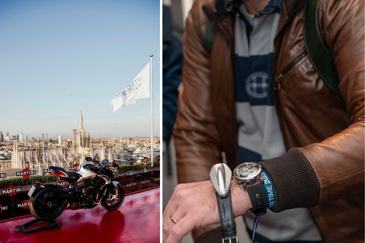 moto MV Agusta no Terrazza Martini com vista para o Duomo de Milão e relógios fora da caixa no pulso no After Time by Milano Watch Week