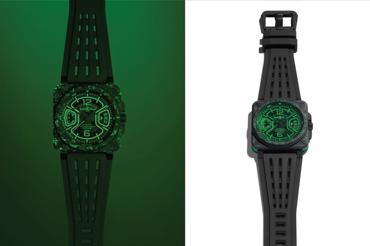 Relógio Bell & Ross BR-X3 Night Vision com mostrador preto e detalhes luminosos em verde, caixa quadrada de carbono e bracelete em borracha preta.