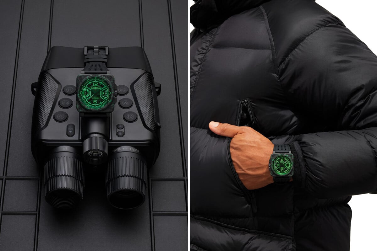 Relógio Bell & Ross BR-X3 Night Vision com mostrador preto e detalhes luminosos em verde, caixa quadrada de carbono e bracelete em borracha preta.