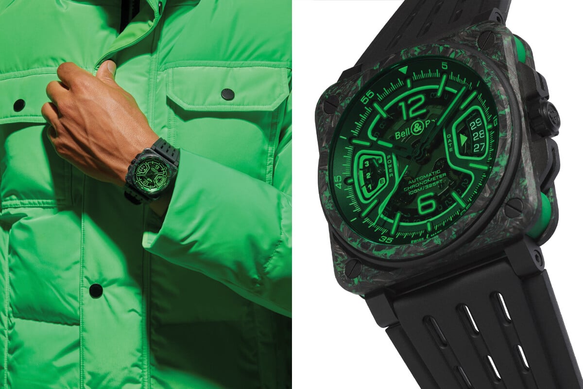 Relógio Bell & Ross BR-X3 Night Vision com mostrador preto e detalhes luminosos em verde, caixa quadrada de carbono e bracelete em borracha preta.