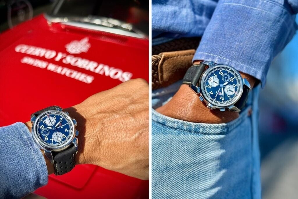 Relógio Cuervo y Sobrinos Historic Endurance Bali Blue com mostrador azul em frente a um carro clássico vermelho com o logotipo “Cuervo y Sobrinos Swiss Watches” no capô.