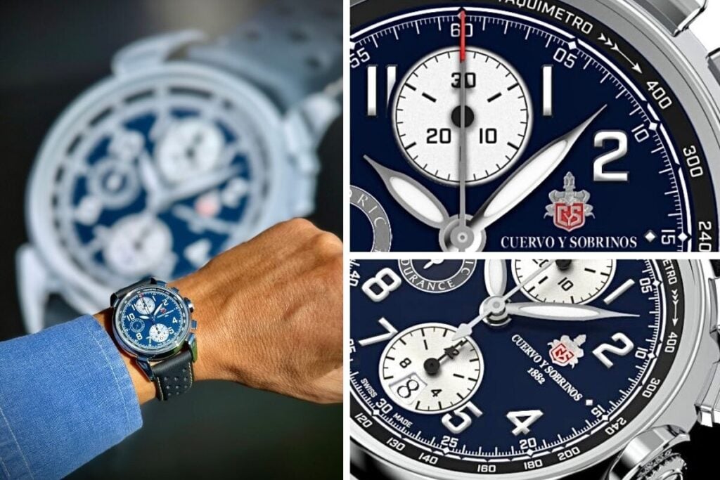 Cuervo y Sobrinos Chronograph Historic Endurance Bali-Blue num pulso, bem como imagens de close-up do mostrador azul escuro