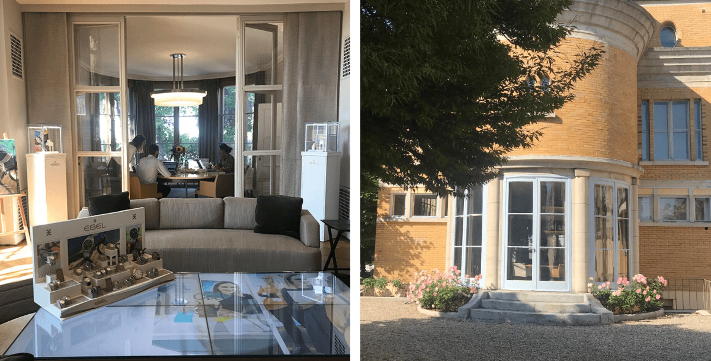 Duas imagens da Maison Ebel: uma de interior e outra de exterior
