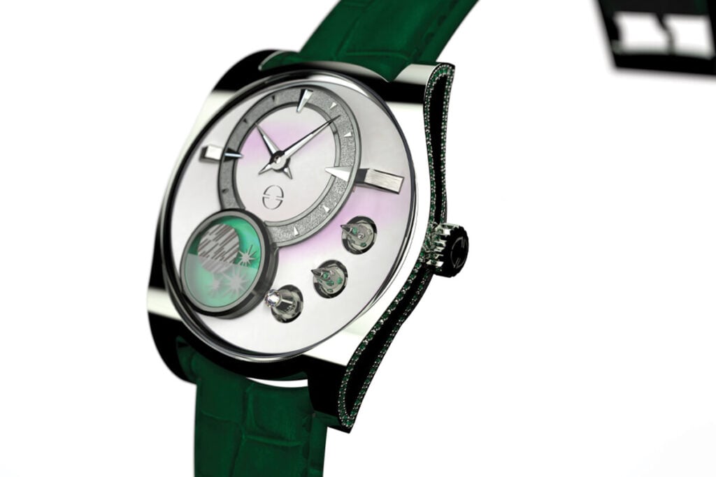 Relógio de pulso elegante com mostrador em madrepérola, detalhes prateados e verdes, caixa cravejada de pedras e correia em pele verde.