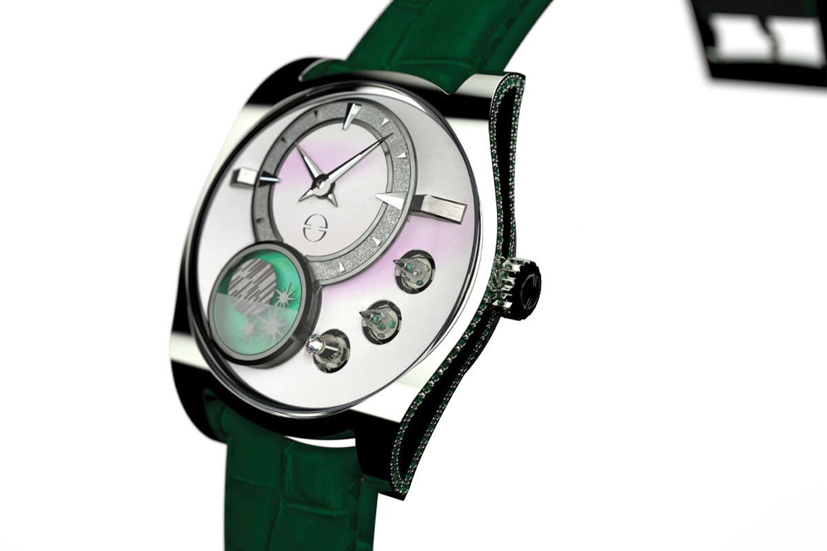 Relógio de pulso elegante com mostrador em madrepérola, detalhes prateados e verdes, caixa cravejada de pedras e correia em pele verde.