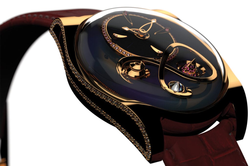 Relógio de pulso de luxo com mostrador preto tridimensional e detalhes em ouro, apresentando ponteiros esculturais, elementos curvilíneos e uma caixa com aro e laterais cravejados de diamantes.