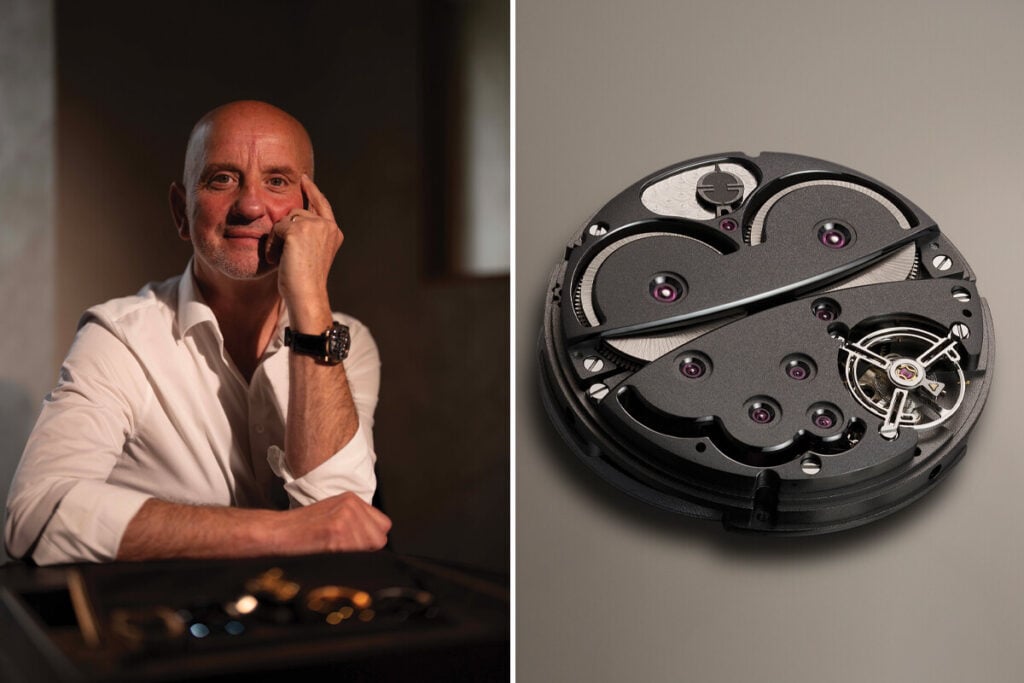 Retrato de um homem calvo usando camisa branca e relógio de pulso ao lado de uma imagem detalhada de um mecanismo de relógio de luxo em tom metálico escuro.