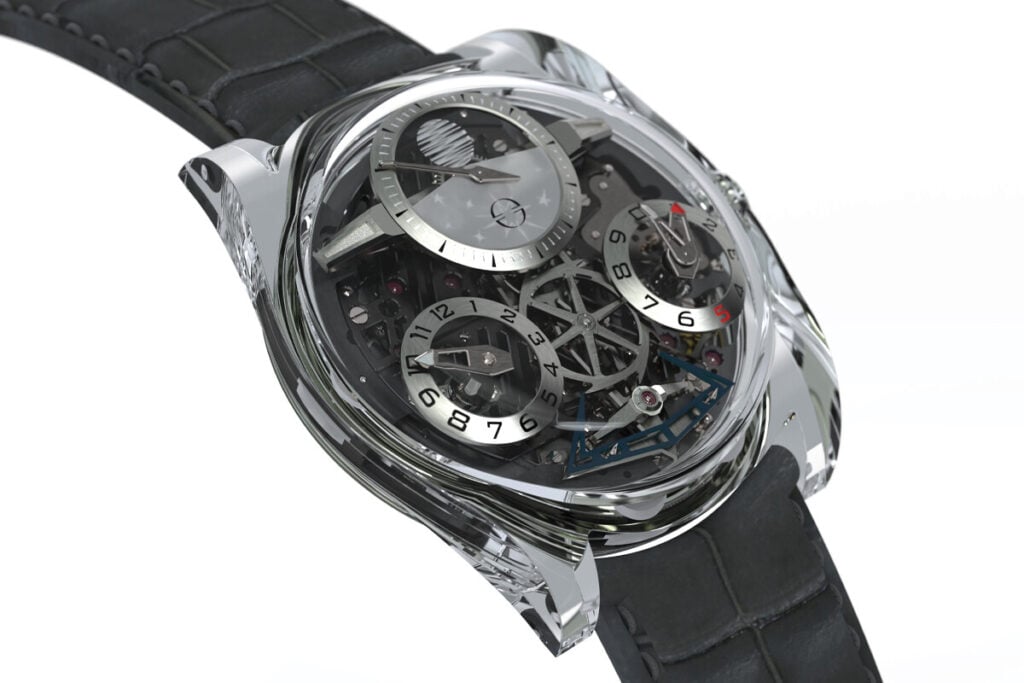 Relógio mecânico de luxo Emmanuel Bouchet com caixa transparente, mostrador esqueleto e detalhes metálicos prateados.