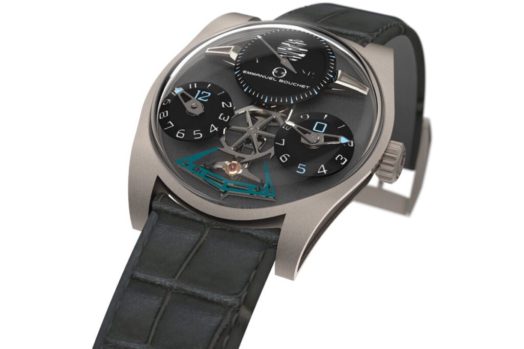 Relógio de pulso mecânico de luxo Emmanuel Bouchet com mostrador preto, múltiplos submostradores e detalhes em azul.