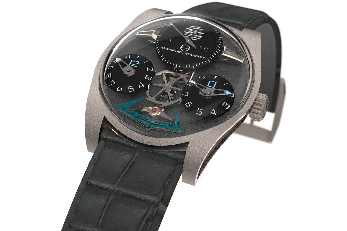 Relógio de pulso mecânico de luxo Emmanuel Bouchet com mostrador preto, múltiplos submostradores e detalhes em azul.