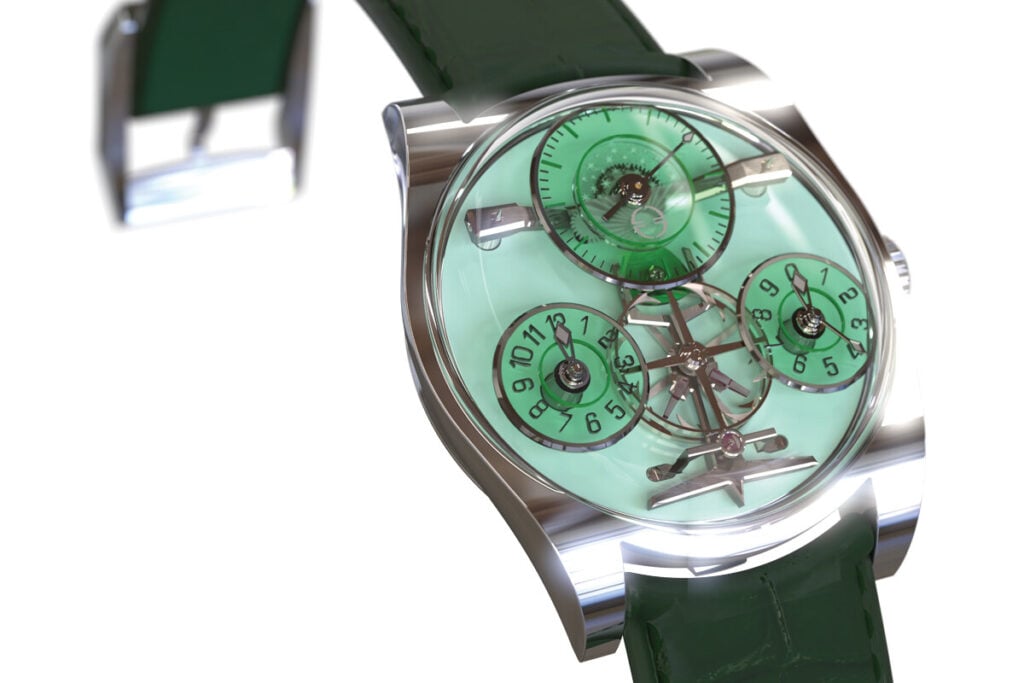 Close-up de um relógio de pulso de luxo com mostrador verde translúcido e pulseira de couro verde, exibindo múltiplos submostradores e engrenagens visíveis.