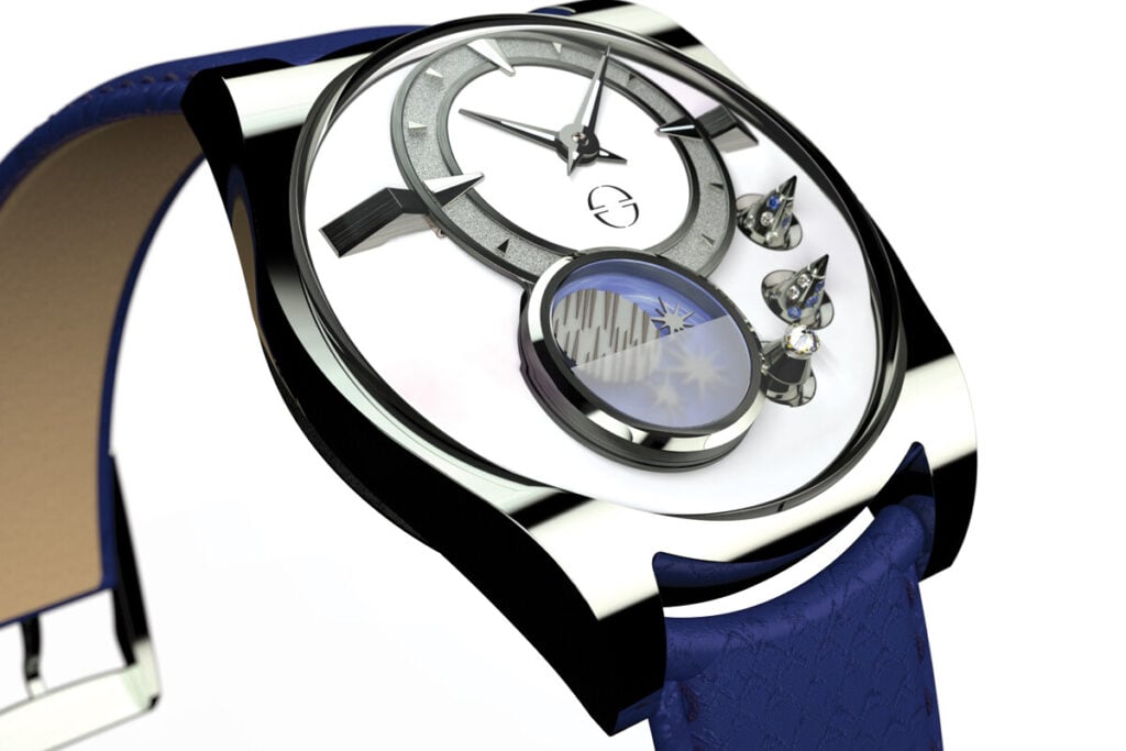 Close-up de um relógio de pulso de luxo com mostrador branco, detalhes metálicos prateados e pulseira azul texturizada.