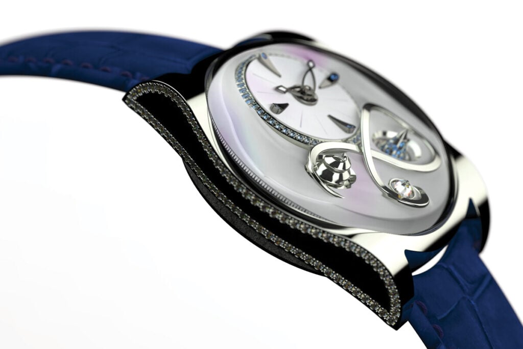 Close-up de um relógio de pulso de luxo com mostrador prateado e detalhes em pedras preciosas, pulseira azul e design curvado e sofisticado.