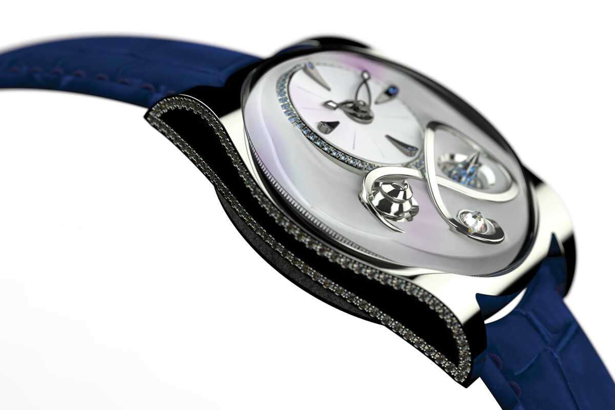 Close-up de um relógio de pulso de luxo com mostrador prateado e detalhes em pedras preciosas, pulseira azul e design curvado e sofisticado.