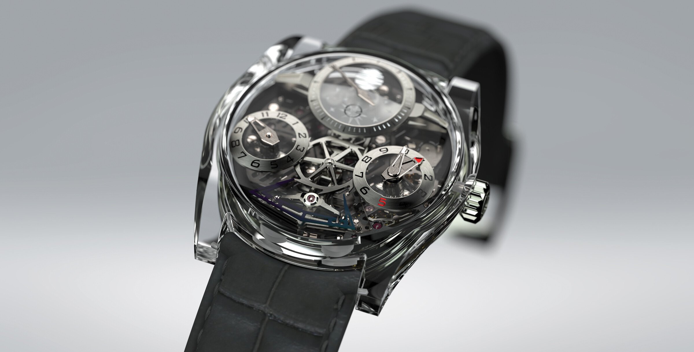 Relógio de luxo com mostrador esqueleto e várias subesferas, caixa transparente e bracelete em pele escura.