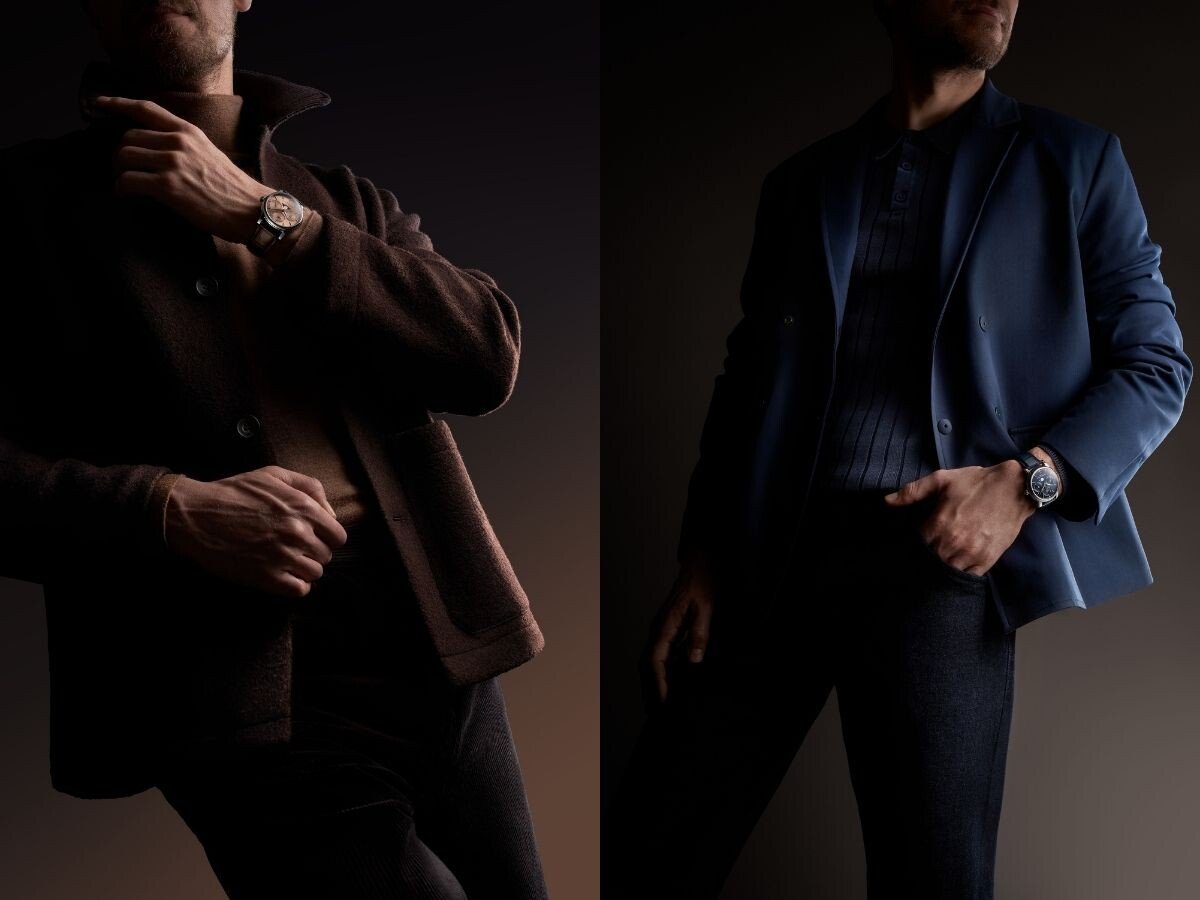 Frederique Constant Classic Perpetual Calendar Manufacture: duas imagens em que se vêm dois homens com os relógios no pulso, um vestido de castanho a usar o relógio com mostrador champanhe e outro vestido de azul a usar o relógio com mostrador azul escuro