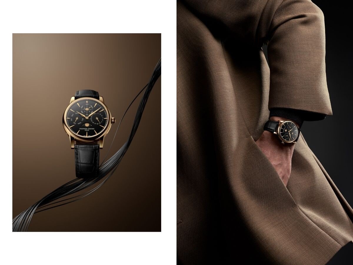 Frederique Constant Classic Perpetual Calendar Manufacture com mostrador preto e caixa em ouro: de frente e no pulso de um homem com a mão num casaco castanho