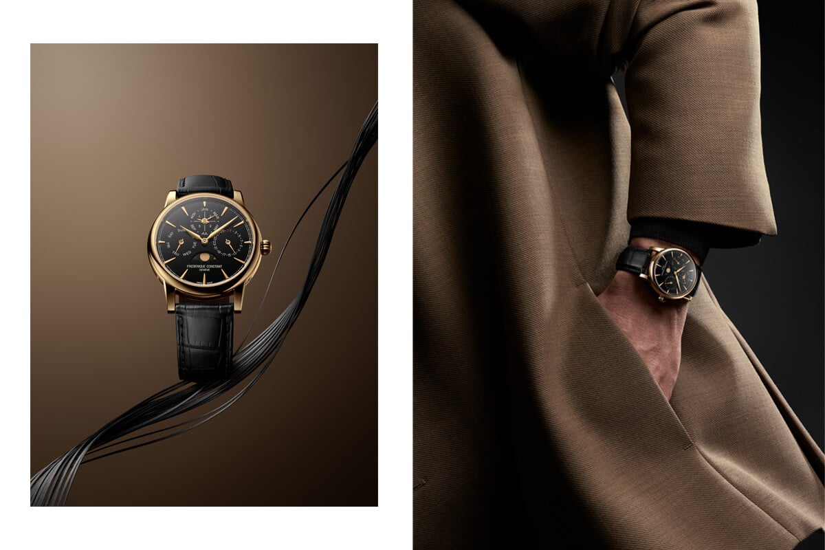 Frederique Constant Classic Perpetual Calendar Manufacture com mostrador preto e caixa em ouro: de frente e no pulso de um homem com a mão num casaco castanho