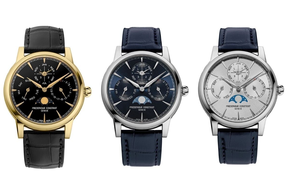 Frederique Constant Classic Perpetual Calendar Manufacture: três variações, com mostrador preto e caixa em ouro; mostrador azul escuro e prateado com caixas em aço