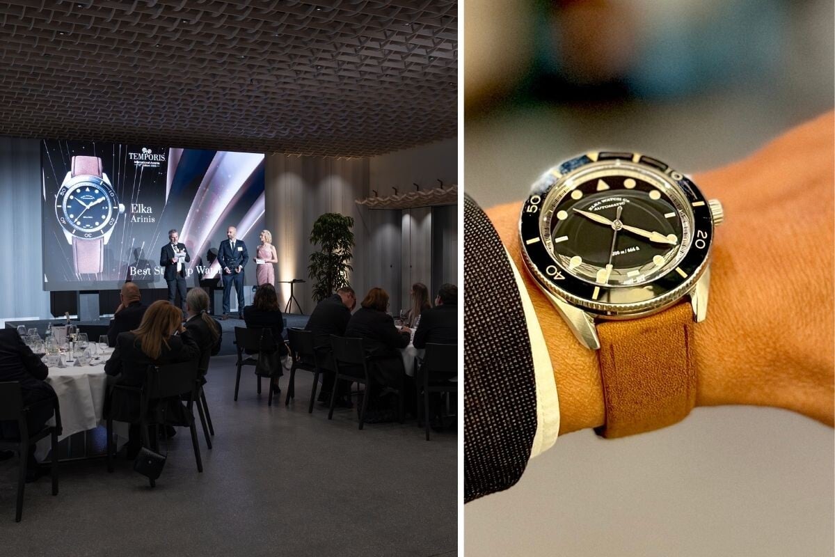 relógio no pulso e palco com apresentadores dos Temporis International Awards no Kongresshaus em Zurique e o relógio Elka Arinis que ganhou o Best Start-Up Watch e muitas pessoas sentadas à mesa