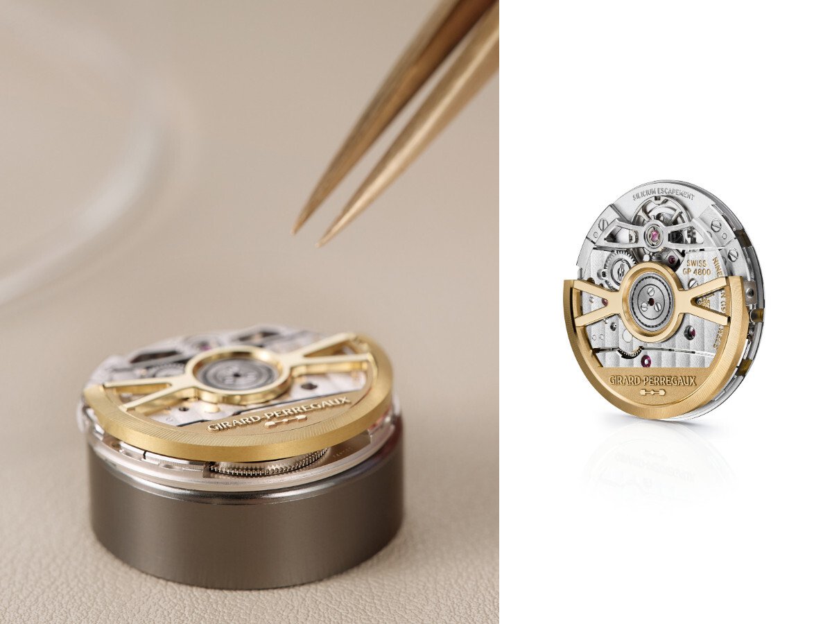 Foto aproximada do Calibre GP4800 da Girard Perregaux e imagem do mesmo calibre em fundo branco