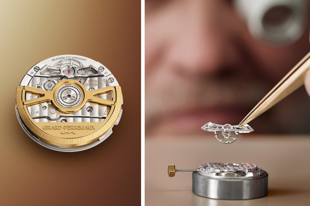 O novo Calibre GP4800 de corda automática da Girard-Perregaux visto de frente e imagem da ponte que sustenta o órgão regulador