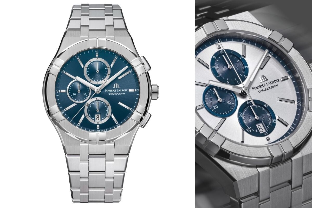 relógio metálico em aço com bracelete e submostradores de tom azul Maurice Lacroix Aikon Chronograph em quartzo