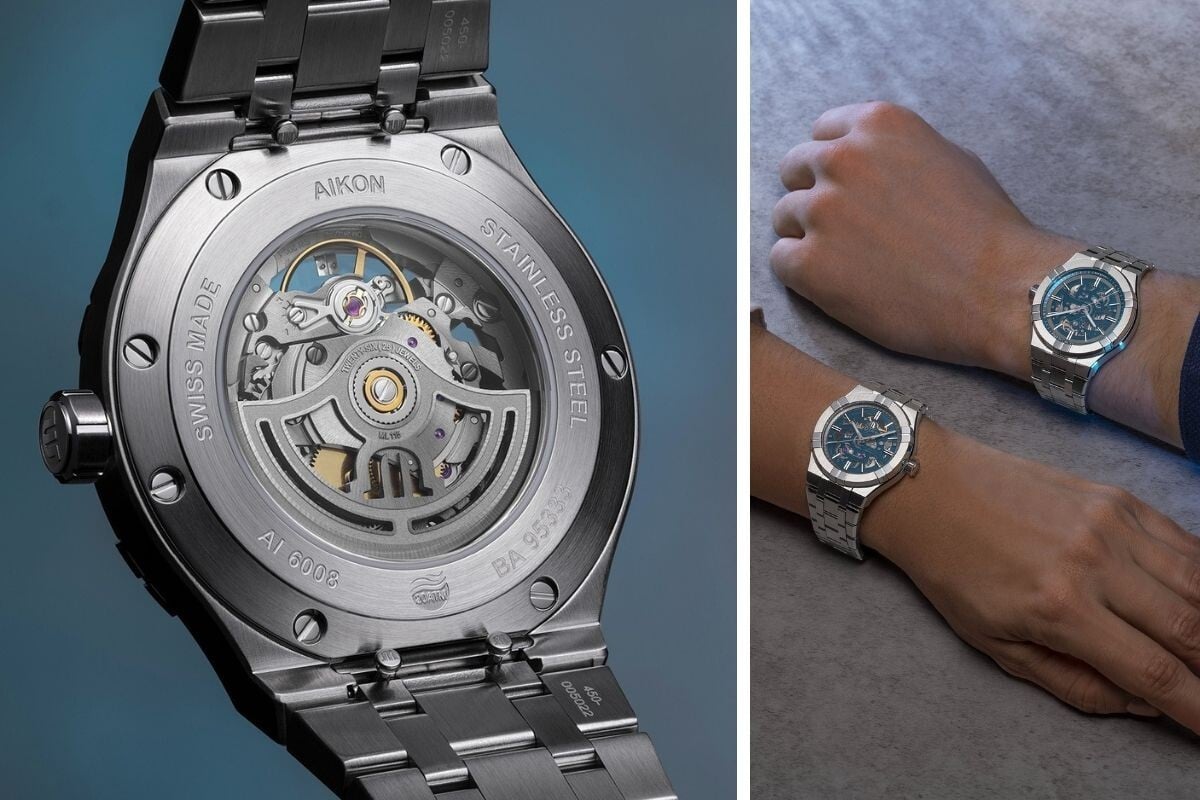fundo aberto com mecanismo relojoeiro em relógio metálico com bracelete Maurice Lacroix Aikon Automatic Skeleton