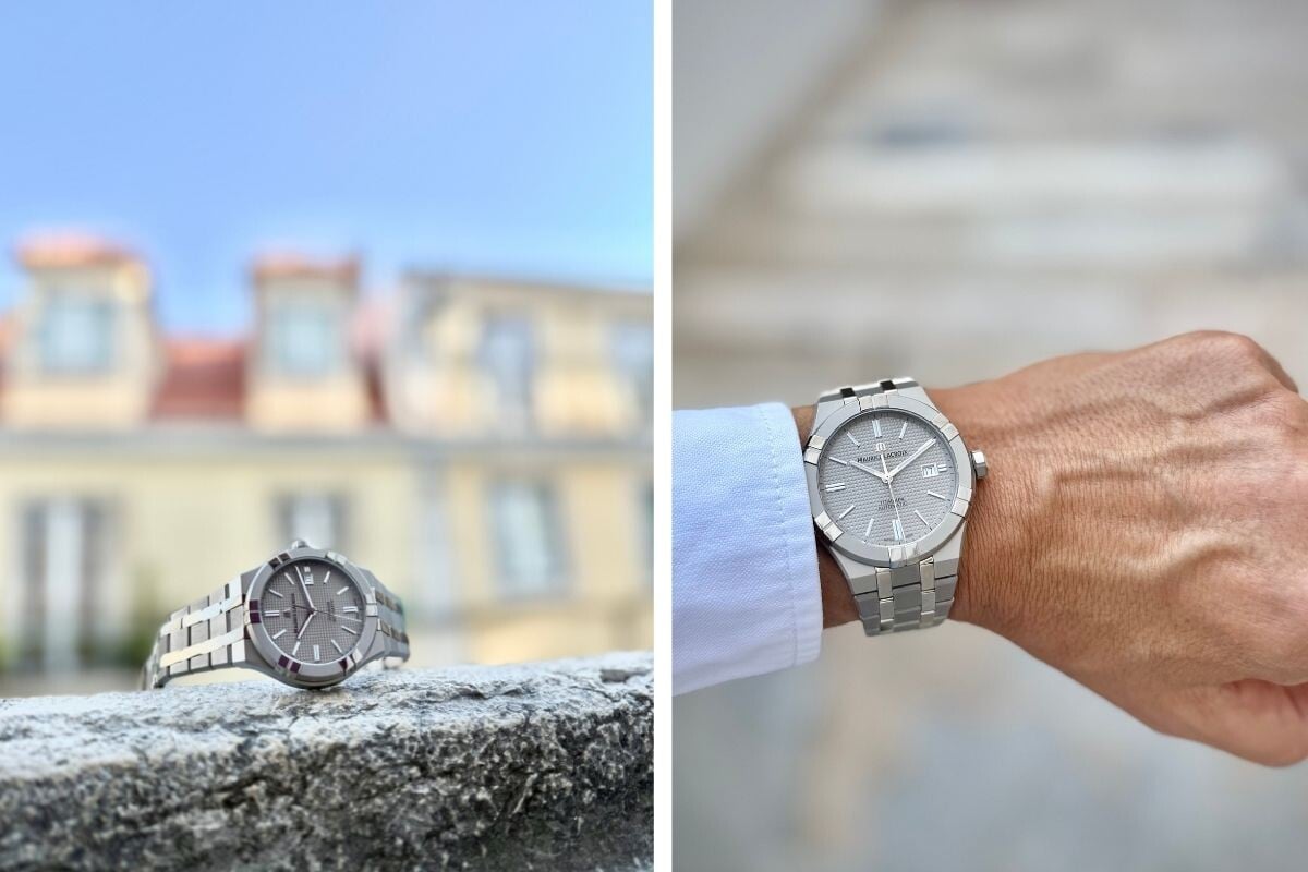 relógio metálico cinzento em titânio com bracelete Maurice Lacroix Aikon Automatic num parapeito e num pulso | Fotos: Miguel Seabra/Espiral do Tempo