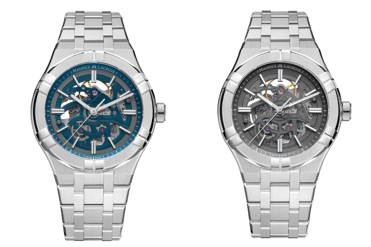 relógio metálico com bracelete e mostrador esqueletizado azul e cinzento Maurice Lacroix Aikon Automatic Skeleton | Foto: Maurice Lacroix