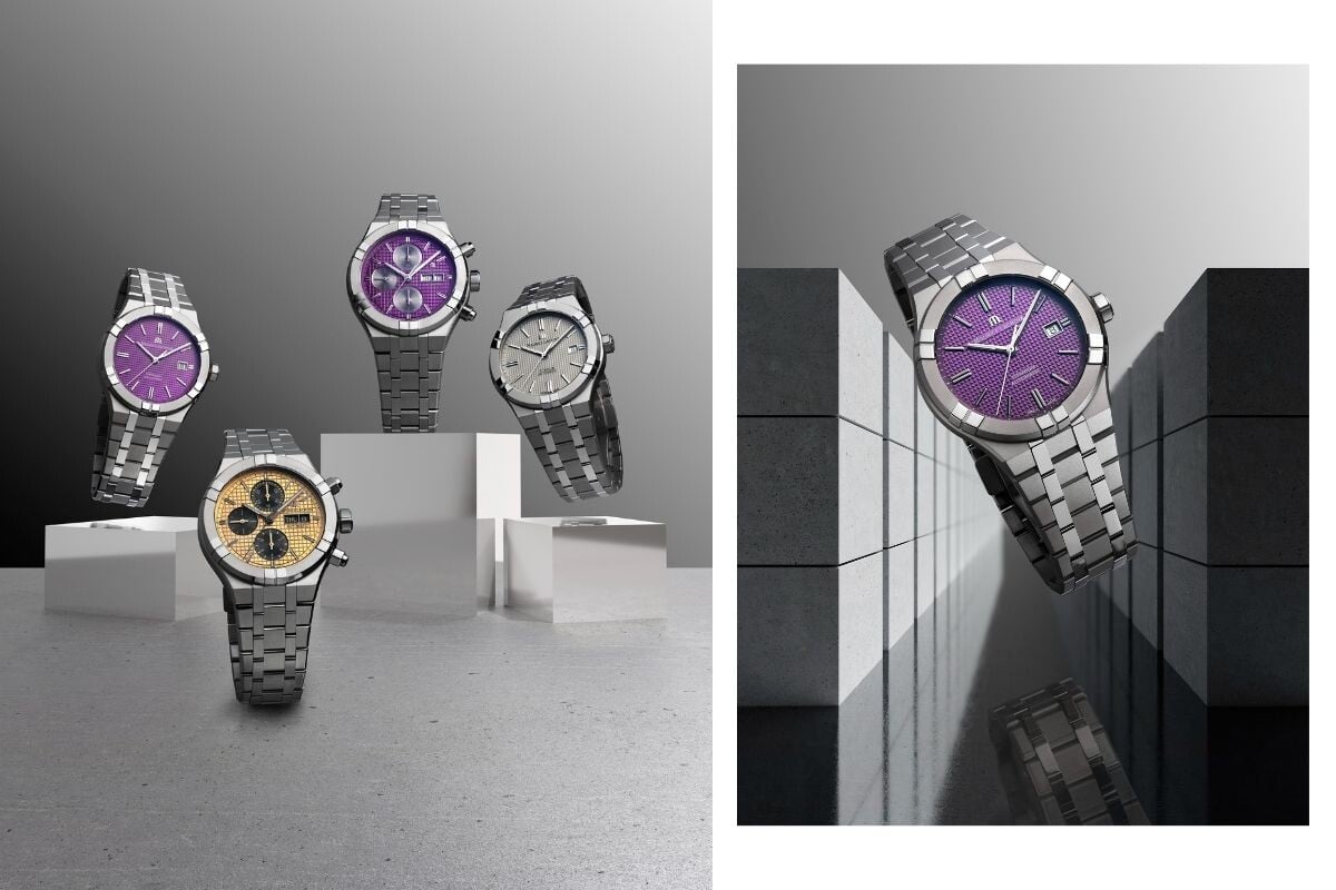 relógios e cronógrafos metálicos cinzentos em titânio com bracelete Maurice Lacroix Aikon Automatic e Automatic Chronograph roxos e dourados