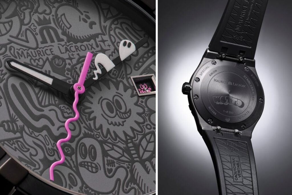 Detalhe do mostrador do Maurice Lacroix Aikon Quartz Wotto Limited Edition e imagem do fundo