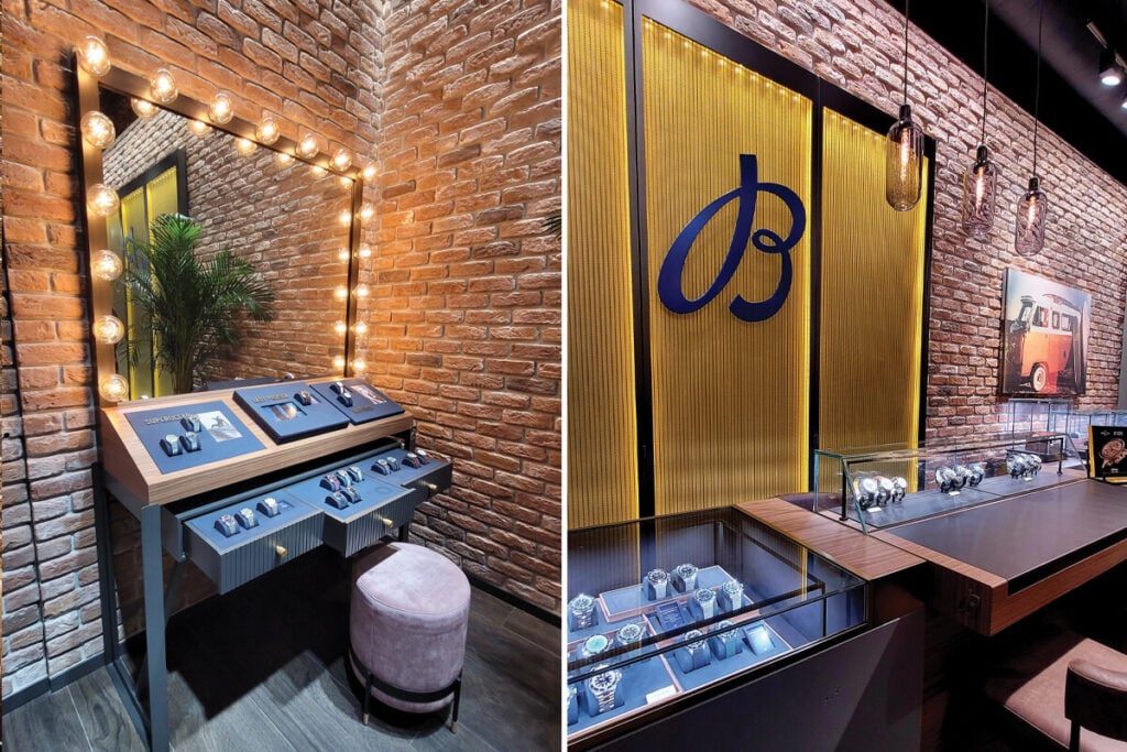 imagens da boutique Breitling na Avenida da Liberdade em Lisboa com tijoleira e ambiante retromoderno